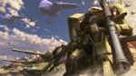  3d aircraft army artist_name bazooka_(gundam) cannon cloud commentary_request dust_cloud english_text fleet flying gaw gun gundam highres machine_gun machinery magella_attack mecha mecha_focus mobile_suit mobile_suit_gundam no_humans realistic robot s.hasegawa science_fiction scope shield signature spacecraft starfighter turret watermark weapon zaku zaku_ii zeon 