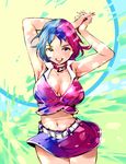  armpits arms_up blue_hair breasts cleavage cowboy_shot igarasy large_breasts looking_at_viewer meiko midriff navel open_mouth pink_hair short_hair skirt solo thigh_gap vocaloid 