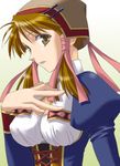  artist_request atelier_(series) atelier_lilie bangs breasts brown_eyes brown_hair cleavage cleavage_cutout corset gradient gradient_background hair_ribbon hand_on_own_chest hat large_breasts lilie_(atelier) looking_at_viewer looking_back profile ribbon short_hair sidelocks solo turtleneck upper_body 