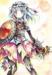  aqua_hair armor bad_id bad_pixiv_id bare_shoulders elbow_gloves fantasy_earth_zero gloves headband headdress leotard multicolored multicolored_eyes shield short_hair solo sword thighhighs traditional_media watercolor_(medium) weapon yudesoba 