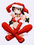  bare_shoulders bell boots braid brown_eyes brown_hair christmas copyright_request gloves hair_ribbon hat indian_style long_hair midriff one_eye_closed red_gloves ribbon santa_costume santa_hat scan simple_background sitting smile solo tanaka_takayuki thigh_boots thighhighs twin_braids twintails white_background 