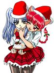  animal_ears cake cat_ears christmas crossover food hat hoshino_ruri kidou_senkan_nadesico loli magic_knight_rayearth martian_successor_nadesico pantyhose santa_hat shidou_hikaru waitress 