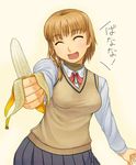  :d ^_^ banana brown_hair closed_eyes food fruit holding holding_food holding_fruit itou_(onsoku_tassha) open_mouth original pleated_skirt school_uniform short_hair skirt smile solo sweater_vest translated vest 