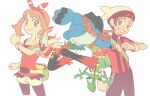  1boy 1girl absurdres bag black_eyes black_jacket black_pants blaziken blue_eyes bracelet brendan_(pokemon) claws clenched_hands collarbone colored_sclera feiyang02 hat highres jacket jewelry may_(pokemon) mega_blaziken mega_sceptile mega_stone mega_swampert multicolored_clothes multicolored_jacket open_mouth pants pokemon pokemon_(creature) pokemon_oras red_jacket red_tank_top ribbon sceptile shorts sidelocks simple_background smile starter_pokemon_trio swampert tank_top two-tone_jacket white_background white_shorts yellow_sclera 
