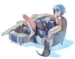  barefoot blue_eyes blue_hair cat copyright_request couch feet flat_chest lingerie lowres nightgown ninomoto sketch solo underwear 