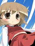  blush brown_eyes brown_hair hair_ornament hairclip hidamari_sketch izuno_kenta long_sleeves looking_at_viewer navel open_mouth school_uniform short_hair skirt solo x_hair_ornament yuno 