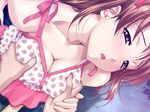  amamiya_momona blue_eyes blush breast_grab breast_squeeze breasts brown_hair cleavage food food_themed_clothes fruit game_cg grabbing happoubi_jin hetero large_breasts open_mouth resort_boin solo_focus strawberry 