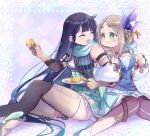  2girls aihira_(aihira12) atelier_(series) atelier_firis black_hair braid crystal_hair_ornament eating firis_mistlud food food_on_face green_eyes highres liane_mistlud long_hair multiple_girls sparkling_eyes 