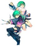  boots clenched_hands copyright_request gloves green_eyes green_hair knife multiple_girls ninomoto 