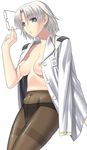  black_legwear breasts crotch_seam front_mission front_mission_5 glasses holding holding_eyewear kansuke lynn_wenright medium_breasts no_bra open_clothes open_shirt panties panties_under_pantyhose pantyhose shirt short_hair simple_background solo thighband_pantyhose underwear undressing white_background 
