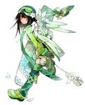  angel bird black_hair copyright_request flower full_body goggles goggles_on_headwear green green_legwear green_scarf hat mittens ninomoto red_eyes scarf simple_background snowboard solo white_background wings 
