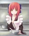  apron black_dress blush bow bowl brown_eyes cooking dress finger_to_mouth hair_bow kitchen kohaku long_sleeves looking_at_viewer pot red_hair solo tasting tsukihime upper_body whisk yanphoenix 