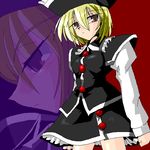  black_hat black_jacket black_skirt blonde_hair brown_eyes expressionless hands_clasped hat jacket kieyza long_sleeves lunasa_prismriver own_hands_together skirt solo touhou 