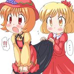  aki_minoriko aki_shizuha blonde_hair blush dress dress_lift food fruit geetsu grapes hair_ornament hat leaf leaf_hair_ornament leaf_on_head multiple_girls red_eyes short_hair siblings sisters surprised touhou yellow_eyes 