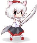  animal_ears chibi hat inubashiri_momiji long_skirt lowres pom_pom_(clothes) r_pascal skirt solo sword tokin_hat touhou weapon wolf_ears 