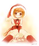  blush bobblehat christmas fur_trim hat knees_up looking_at_viewer noripachi orange_hair original pom_pom_(clothes) red_eyes santa_costume santa_hat short_hair sitting solo 