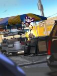  aipom animal_focus blue_sky blurry blurry_foreground car chair folding_chair grin highres matwvv monkey motor_vehicle outdoors pokemon pokemon_(creature) power_lines sky smile solo trash_can utility_pole vending_cart 