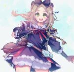  1girl :d aihira_(aihira12) atelier_(series) atelier_firis backpack bag belt_pouch black_bow black_dress bow braid brown_hair dress firis_mistlud firis_mistlud_(alchemist&#039;s_dress) green_eyes highres lace-trimmed_bow lace_trim official_alternate_costume pouch side_braid smile 