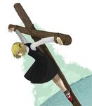  arcoiris black_dress blonde_hair closed_eyes cross crucifixion dress hair_ribbon mary_janes ocean red_footwear ribbon rumia sad shirt shoes short_hair socks solo touhou white_legwear white_shirt wood 