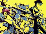  2girls beard cowboy_bebop dog edward_wong_hau_pepelu_tivrusky_iv ein_(cowboy_bebop) facial_hair faye_valentine highres jet_black multiple_boys multiple_girls spike_spiegel welsh_corgi 