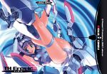  armpits arms_up ass blue_eyes cover covered_nipples doujinshi elbow_gloves exelica flat_chest gloves kneepits legs legs_up long_legs mecha_musume open_mouth purple_hair sasayuki short_hair solo thigh_strap thighs trigger_heart_exelica 