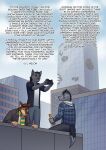 absurd_res alcohol anthro beverage black_body black_fur black_hair blue_eyes bottomwear brown_body brown_eyes brown_fur building canid canine canis clothing dark_matter_(li&#039;l_melon) day destroyed_building dipstick_tail electronics english_text facial_scar felid feline flight_goggles fur grey_body grey_fur hair hi_res hoodie jacket lawsonia li&#039;l_melon looking_down male mammal markings mohawk outside pants pattern_clothing phone plaid plaid_clothing plaid_jacket red_eyes rolled_up_sleeves rooftop scar scarf shirt sitting skyscraper smile strays_in_paradise tail tail_markings taking_picture text topwear wolf