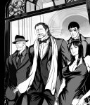  1girl 3boys arisue_kanako blunt_bangs bon_clay bow bowtie bracelet cigar closed_mouth collared_shirt crocodile_(one_piece) daz_bones dress greyscale hair_slicked_back hat jewelry looking_ahead makeup medium_hair monochrome multiple_boys nico_robin one_piece scarf shirt smile suit twitter_username 