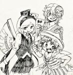  3others ametsukana_yago androgynous bad_id bad_twitter_id bandage_over_one_eye blackjack_table bow bowtie brilliant_pagoda_or_haze_castle card center_frills clenched_hands coattails collared_shirt colored_tips commentary_request cowboy_shot cropped_torso dice_hair_ornament dot_nose dress_shirt eye_of_senri frills greyscale grin hair_ornament hairband hammer hand_on_own_hip happy hat highres holding holding_hammer jacket japanese_clothes kimono len'en light_blush long_sleeves mask mask_on_head medium_hair miniskirt monochrome multicolored_hair multiple_others noh_mask other_focus photo_(medium) playing_card see-through_clothes see-through_jacket senri_haiji shirt short_sleeves skirt smile standing striped_clothes striped_headwear striped_shirt table tareme traditional_bowtie traditional_media vest wrist_cuffs xeno_a yukkyon_kyon 