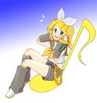  blonde_hair blue_eyes detached_sleeves eighth_note gradient gradient_background hair_ornament hair_ribbon hairclip headphones kagamine_rin lowres musical_note ribbon sasaki_akira_(ugc) shorts solo vocaloid 