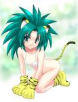  animal_ears animal_print artist_request bra cham_cham flat_chest gloves green_eyes green_hair no_panties paw_gloves paw_shoes paws samurai_spirits shoes snk solo tail tiger_print underwear 