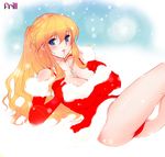  akiyama_cindy blonde_hair blue_eyes blush breast_suppress breasts chikan_sen'you_sharyou christmas cleavage cross dress elbow_gloves gloves gradient_hair jewelry koizumi_amane large_breasts latin_cross long_hair lying mouth_hold multicolored_hair necklace on_back orange_hair panties pantyshot pantyshot_(lying) red_gloves red_panties santa_costume snow snowing solo thighs underwear 