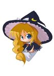  :d blonde_hair blue_eyes bow braid capelet crescent hat hat_bow index_finger_raised kirisame_marisa looking_at_viewer open_mouth smile solo tao_(kadoya) touhou white_background witch_hat 