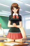  breasts brown_eyes brown_hair classroom game_cg hands_clasped highres indoors long_hair medium_breasts own_hands_together plaid plaid_skirt queen_bonjourno sakurazaka_megumi sano_toshihide school_uniform skirt solo thigh_gap wide_hips 
