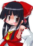  :d ascot black_hair blush bow detached_sleeves dress eyebrows_visible_through_hair frills hair_bow hakurei_reimu long_sleeves looking_at_viewer open_mouth red_dress ribbon-trimmed_sleeves ribbon_trim short_hair sidelocks simple_background smile solo tao_(kadoya) touhou white_background 