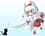  animal_ears cat chibi hat inubashiri_momiji lowres pom_pom_(clothes) r_pascal shield solo sword tokin_hat touhou weapon wolf_ears 