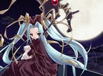  blue_hair cloud dress eario full_moon game_cg gothic hair_over_one_eye hat itou_noiji lace long_hair moon moonlight night night_sky outdoors red_eyes ribbon rooftop scythe sitting sky solo twintails very_long_hair wasurenagusa 