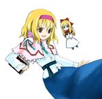  alice_margatroid bangs blonde_hair blue_skirt book capelet hairband long_sleeves orange_eyes shanghai_doll shirt short_hair simple_background skirt solo tank_(artist) touhou white_background white_shirt 