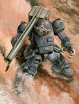  acrylic_paint_(medium) antennae armor bazooka claws helmet machinery mecha no_humans official_art oldschool production_art promotional_art realistic saeki_shouji science_fiction soukou_kihei_votoms strikedog traditional_media weapon 