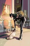  1girl animal_ears artist_name bag black_bodysuit black_gloves black_mask bodysuit boots breasts cat cat_ears catwoman catwoman_(comic) catwoman_costume_(2018) chair comic_cover commentary dated dc_comics english_commentary fake_animal_ears fingernails flower gloves high_heel_boots high_heels highres holding holding_bag indoors large_breasts long_fingernails official_art painting_(object) petting selina_kyle shrug_(clothing) sleeveless sleeveless_bodysuit solo table textless_version tirso_cons wallpaper_(object) 