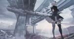  1girl 2b_(nier:automata) back_cutout black_blindfold black_dress black_hairband blindfold boots clothing_cutout commentary_request copyright_name covered_eyes dress feather-trimmed_sleeves feather_trim gloves hairband high_heel_boots high_heels highres highway holding holding_sword holding_weapon juliet_sleeves katana long_sleeves maeshima_shigeki nier:automata nier_(series) outdoors puffy_sleeves revision ruins solo standing sword thigh_boots thighhighs thighhighs_under_boots thighs weapon white_hair 