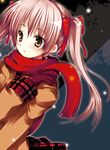  brown_eyes copyright_request hair_ribbon lowres plaid plaid_skirt red_scarf ribbon sakura_hanpen scarf skirt snowing solo twintails 