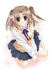  bad_anatomy blue_skirt brown_eyes brown_hair kneeling kujira_(knave) school_uniform skirt solo tsukihime yumizuka_satsuki 
