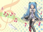  bare_shoulders beamed_sixteenth_notes blue_hair closed_eyes detached_sleeves eighth_note eighth_rest feathers flat_sign gakky hatsune_miku long_hair music musical_note open_mouth panties pantyshot quarter_note quarter_rest singing solo staff_(music) striped striped_panties thighhighs treble_clef underwear very_long_hair vocaloid wings 