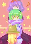  3girls :o ^_^ autumn_leaves blonde_hair blush closed_eyes colored_eyelashes crossed_arms detached_sleeves dress eighth_note floral_print frog_hair_ornament green_hair hair_ornament hair_ribbon hat hug hug_from_behind kochiya_sanae leaf_hair_ornament long_hair moriya_suwako multiple_girls musical_note no_nose open_mouth outline pink_background polka_dot purple_hair ribbon short_hair snake_hair_ornament star surprised touhou yasaka_kanako yellow_eyes 