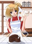  apron baking blonde_hair cake food food_on_face hair_ribbon head_tilt heart icing lovely_idol nishimata_aoi pastry ponytail ribbon sleeves_rolled_up solo sweater 