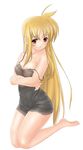  barefoot blonde_hair blouse blush breasts chemise cleavage fate_testarossa long_hair lyrical_nanoha mahou_shoujo_lyrical_nanoha_strikers medium_breasts nagii red_eyes solo strap_slip 