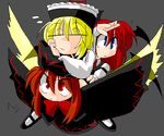  =_= annoyed arm_up blonde_hair blue_eyes demon_girl full_body grey_background head_wings kieyza koakuma lily_black lily_white long_sleeves looking_afar lunasa_prismriver multiple_girls red_eyes simple_background standing succubus thinking touhou 