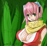  breasts cleavage fishnets goggles gouma_reifuden_izuna green_eyes huge_breasts izuna ninja pink_hair scarf solbee solo 