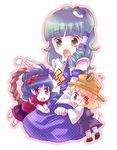  blonde_hair blue_hair chibi green_hair hair_ornament hat kochiya_sanae leaf_hair_ornament moriya_suwako multiple_girls open_mouth petting red_eyes rope shimenawa short_hair takitarou tears touhou yasaka_kanako yellow_eyes 