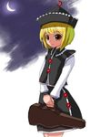  black_skirt blonde_hair blush brown_eyes buttons crescent_moon guitar_case hat hirosato instrument_case long_hair looking_at_viewer lunasa_prismriver moon own_hands_together short_hair skirt solo standing tate_eboshi touhou v_arms vest 